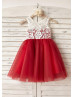 Ivory Lace Red Tulle Knee Length Flower Girl Dress